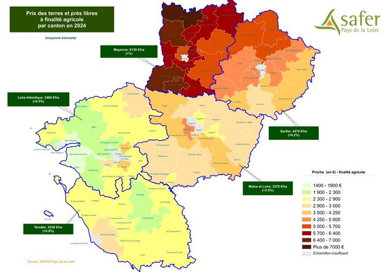 Prix des terres et prés libres à finalité agricole par canton en 2024.