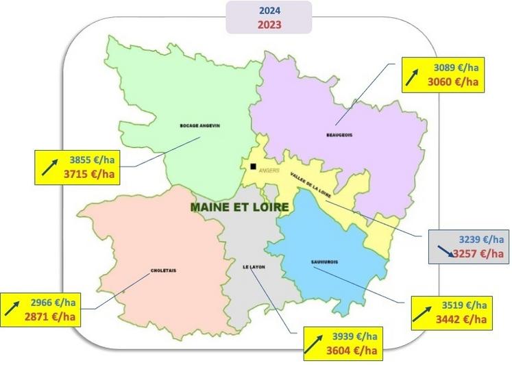La hausse est plus marquée dans le Maine-et-Loire, où la moyenne progresse dans 5 Petites Régions Agricoles sur 6 et reste assez stable dans la Vallée de la Loire. A l'échelle départementale, le prix moyen progresse globalement à 3400 €/ha et l'écart entre la PRA la plus chère (le Layon à 3939 €/ha) et la moins chère (le Choletais à 2 066€/ha) augmente pour se rapprocher de la barre des 2 000 €/ha.