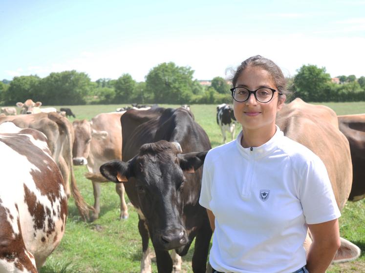Flavie Brin parmi le troupeau de vaches laitières, où des croisements sont pratiqués entre les races prim'holstein, rouge norvégienne, simmental et fleckvieh austria. "Je crois que je me serais ennuyée avec un troupeau d'une seule couleur", plaisante la jeune éleveuse.