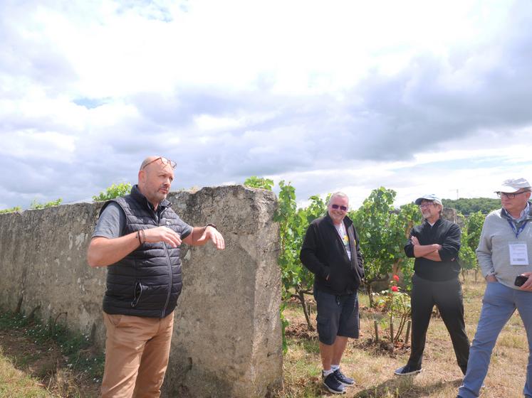 Lors d'une des visites du congrès, avec Fredrik Filliatreau, du Domaine de Parnay et Philippe Porché, président du collectif Fan de Chenin, à la parcelle Clos d'Entre les murs.