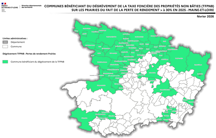 Carte des communes concernées par le dégrèvement TFNB sur prairies dans le Maine-et-Loire