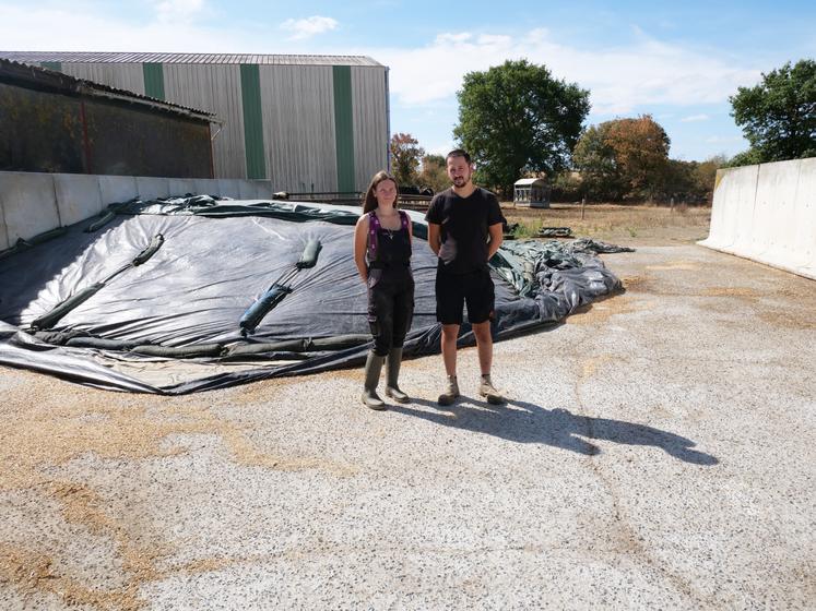 Clément Lebaux, jeune installé à Chemillé-en-Anjou (Saint-Georges des Gardes) et sa compagne Manon Bretaudeau, salariée, devant un maigre silo d'ensilage de 7 tonnes, alors que cet espace devrait être rempli aux trois quarts. 