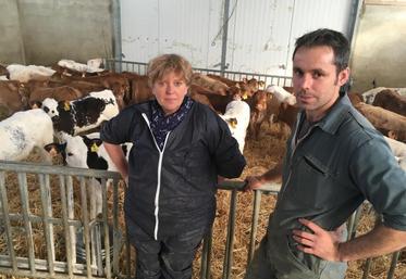 Stéphanie Depuydt, technicienne de Bovins qualité Bretagne et Benoit Perdrieau, qui gère l’atelier veaux à l’EARL de l’Arcison. Les veaux représentent un tiers du chiffre d’affaires de cette exploitation de polyculture-élevage.
