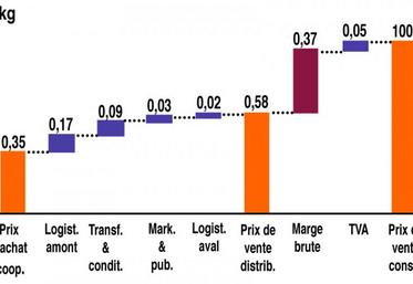 Décomposition de la structure de prix du lait UHT 
d’une marque nationale en France (données 2008)