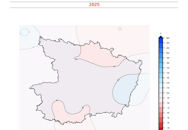 Rapport à la moyenne annuelle de référence (1991-2020) des cumuls de précipitations en Maine-et-Loire en 2025.