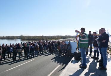 Sur le pont de la Loire, une centaine de tracteurs et 170 adhérents de la FDSEA et de JA49 ont bloqué la circulation pendant plusieurs heures, mardi 3 mars.