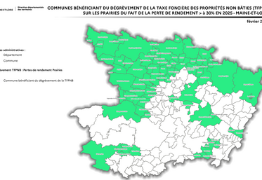 Carte des communes concernées par le dégrèvement TFNB sur prairies dans le Maine-et-Loire