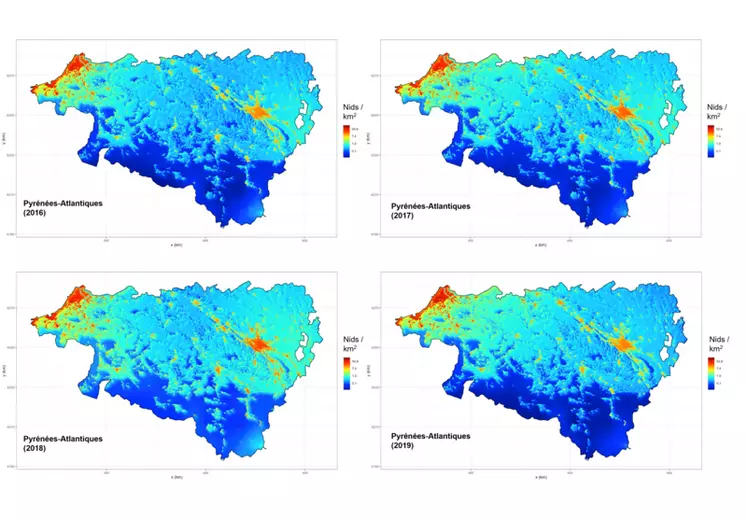 Carte de projection de la favorabilité de l’habitat estimée (nids attendus par km2) pour l’implantation des nids de frelons à pattes jaunes dans le département des ...