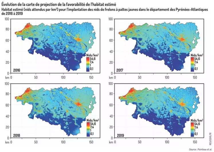 Carte de projection de la favorabilité de l’habitat estimée (nids attendus par km2) pour l’implantation des nids de frelons à pattes jaunes dans le département des ...