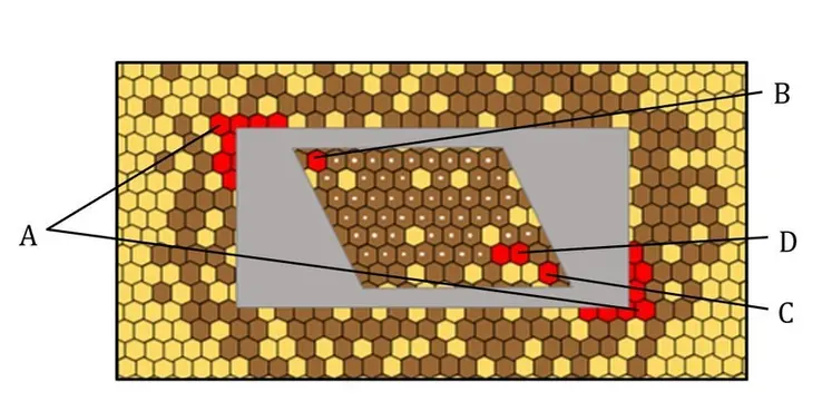 <em class="placeholder">Positionnement du gabarit sur le cadre pour repérer la zone de perforation et les cellules à marquer comme repères (A, B, C et D).</em>
