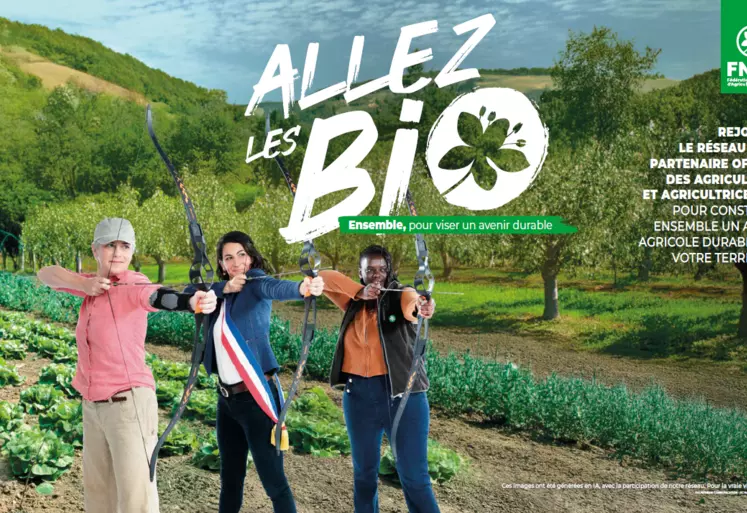 Affiche "Allez les bio" montrant des archers