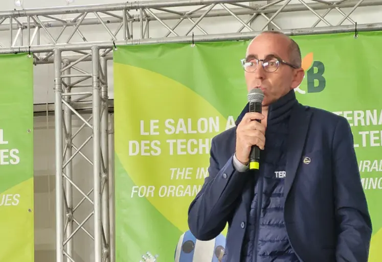   Jérôme Caillé, polyculteur-éleveur bio, de la coopérative terrena, président de la Commission bio de La Coopération Agricole sur salon Tech&Bio.  