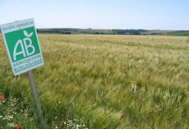Panneau agriculture bio installé en bordure d'un champ