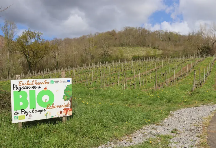 panneau en bordure de champ indiquant paysans bio