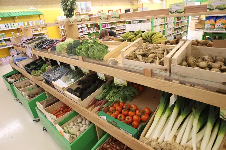 Etal de fruits et légumes bios dans un magasin Biocoop