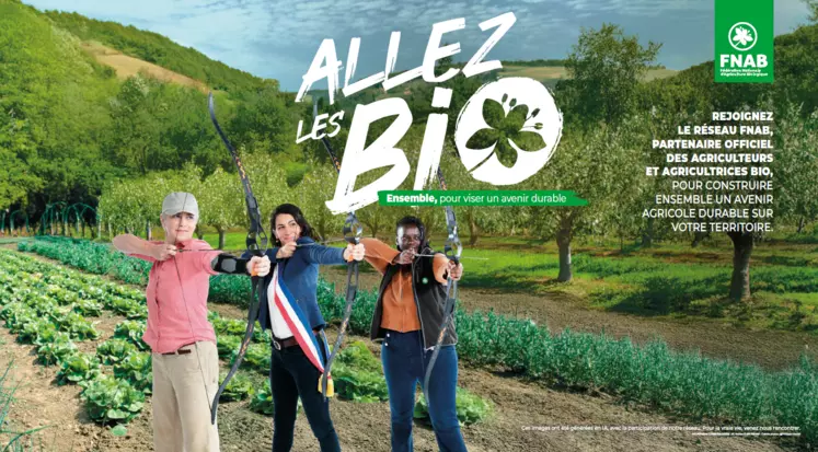 Affiche "Allez les bio" montrant des archers