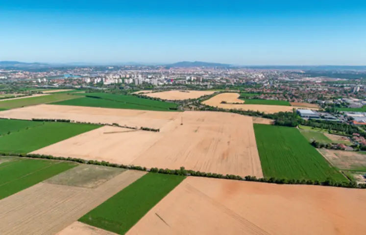 plusieurs champs avec la ville en arrière-plan