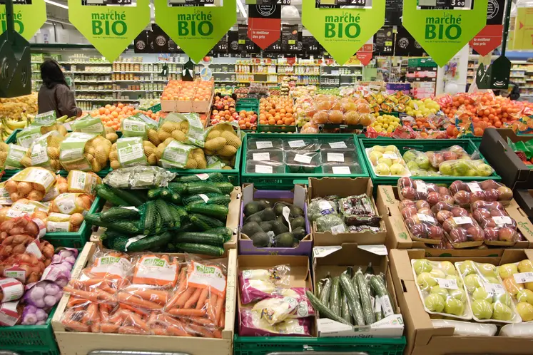 Vente de produits alimentaires biologiques en grande distribution. Rayon légumes bio d une grande enseigne de supermarché.