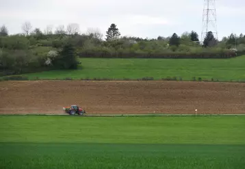 Paysage agricole de grande culture en Bougogne-Franche-Comté (Côte-d'Or) au printemps avec tracteur qui traverse au centre de l'image.