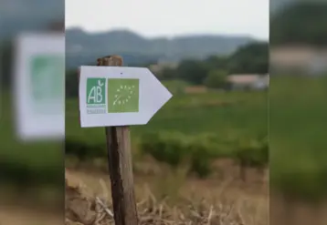 Panneau dans un champ avec les labels bio européen et AB  