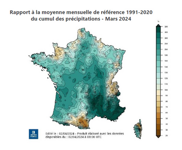 Carte de l'écart entre le cumul des précipitations de Mars 2024 et la moyenne saisonnière en France métropolitaine