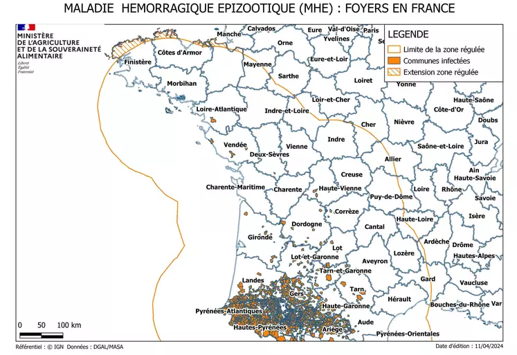 Carte des foyers de MHE en France au 11 avril 2024