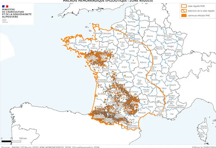 Cartographie de la zone réglementée au titre de la MHE à partir des foyers du sud-ouest (à la date du 20 février 2025)