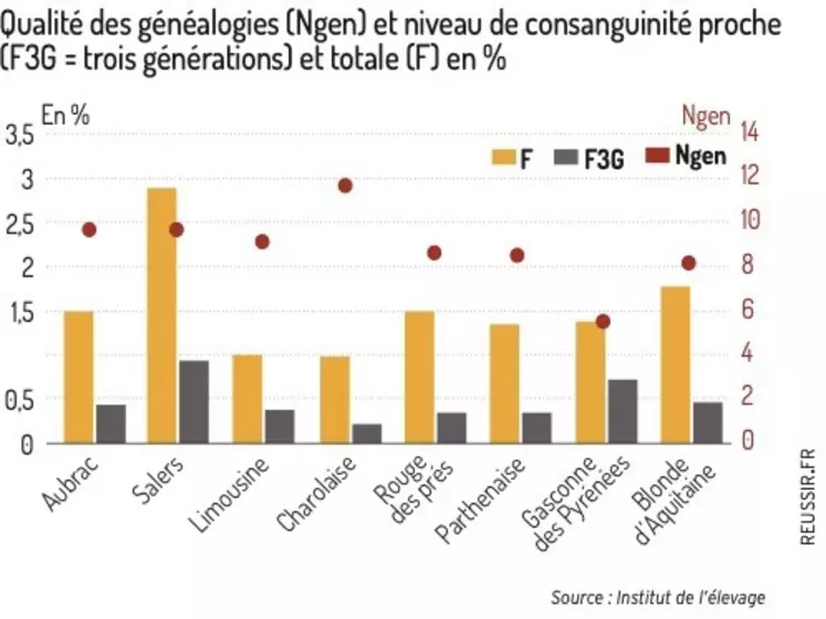 Qualité des généalogies (ngen) et niveau de consanguinité proche (F3G = trois générations) et totale (F) en % pour huit races bovines allaitantes