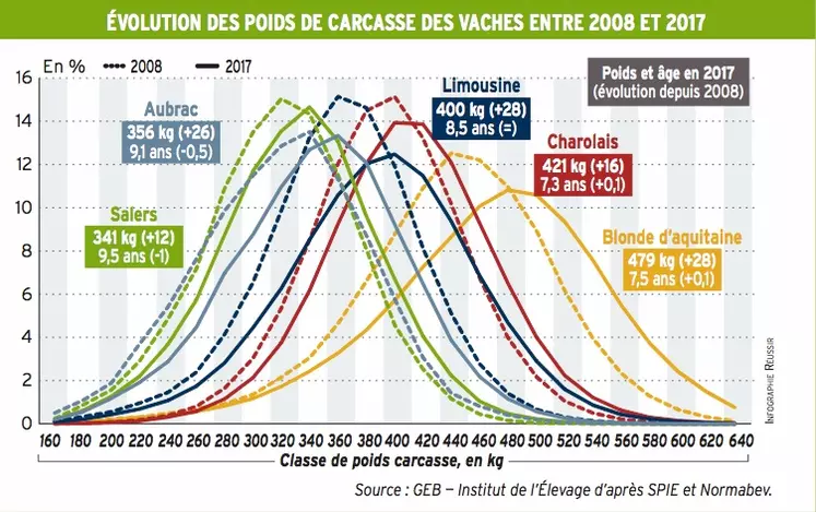 grap évolution des poids de carcasse des vaches entre 2008 et 2017