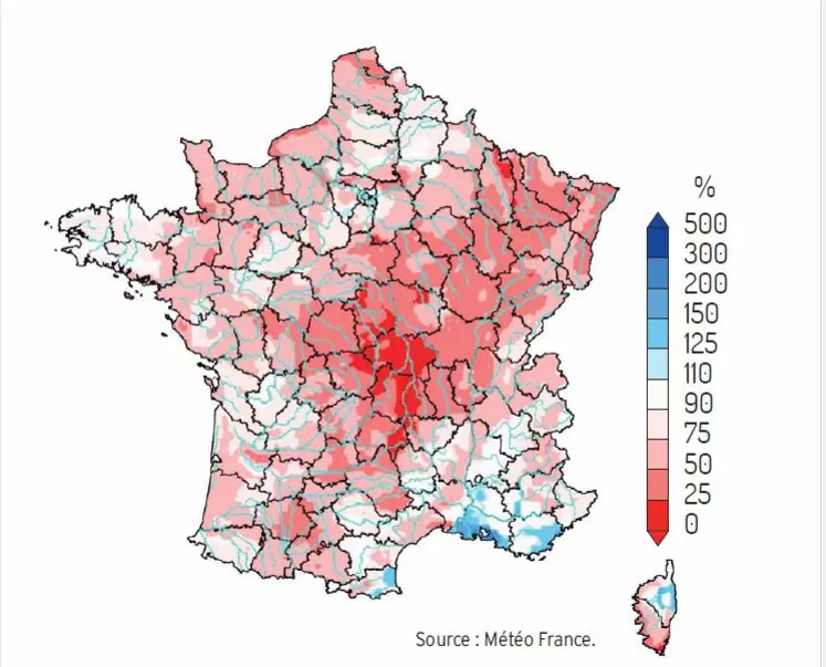 carte rapport à la normale 1981/2010 du cumul de précipitations efficaces de septembre 2018 à juillet 2019 et 