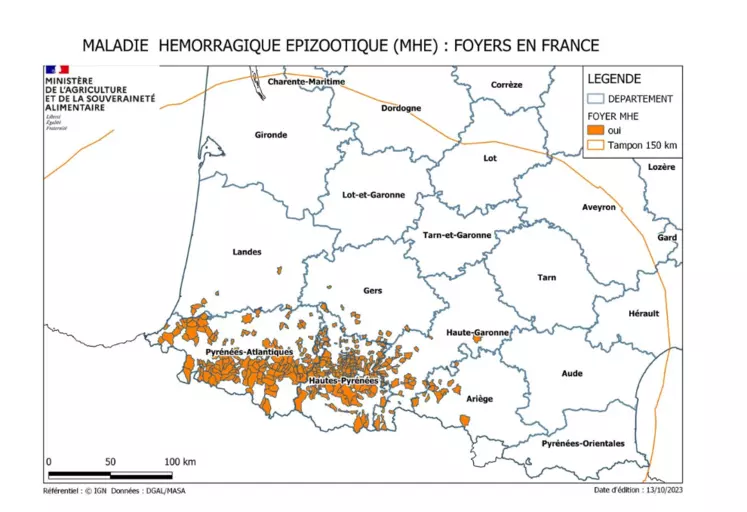 Cartographie de la zone réglementée MHE liée aux foyers en France