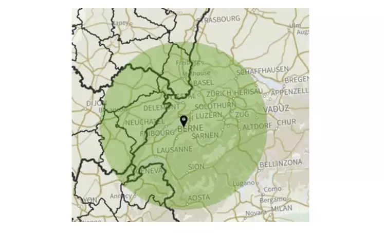 Cartographie de la zone réglémentée liée au foyer MHE en Suisse