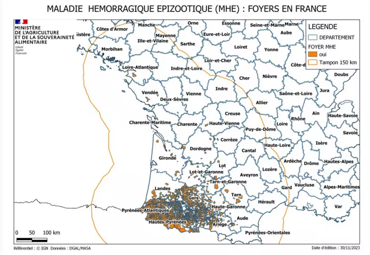 Carte zone réglementée MHE au 30 novembre 2023