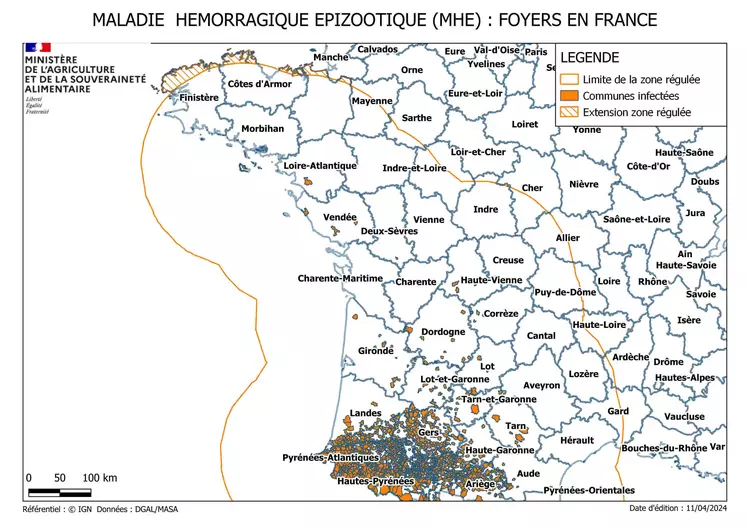 Carte des foyers de MHE en France au 11 avril 2024