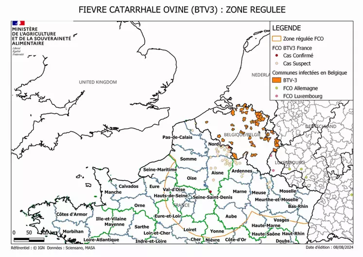 Cartographie de la zone régulée à date du 8 août 2024 pour limiter la progression de la FCO 3 dans les élevages en France.