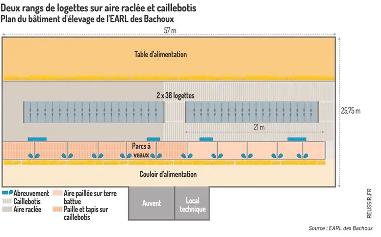 <em class="placeholder">Graphique - Deux rangs de logettes sur aire raclée et caillebotisPlan du bâtiment d&#039;élevage de l&#039;EARL des Bachoux</em>