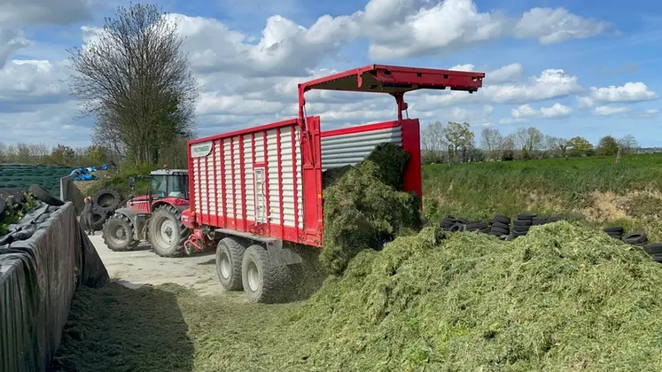 <em class="placeholder">Remorque autochargeuse Pöttinger Jumbo 7210 Combiline à la vidange d&#039;ensilage d&#039;herbe</em>