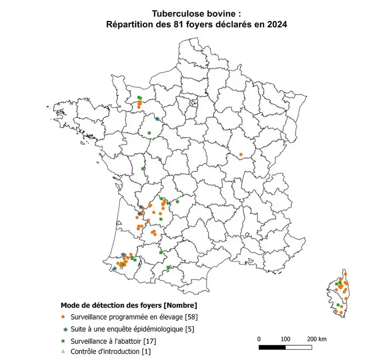 carte de France foyers tuberculose bovine en 2024