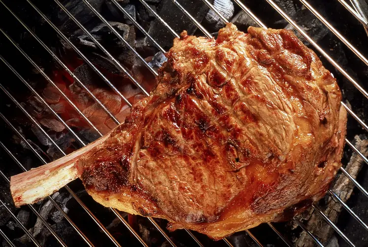 <em class="placeholder">Bovins viande / Transformation - Consommation / Côte de boeuf sur le grill . Viande rouge cuite au barbecue. Alimentation. Consommation de viande bovine</em>