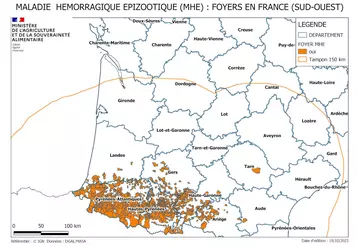 Cartographie de la zone réglementée au titre de la MHE à partir des foyers du sud-ouest (à la date du 20 octobre 2023)