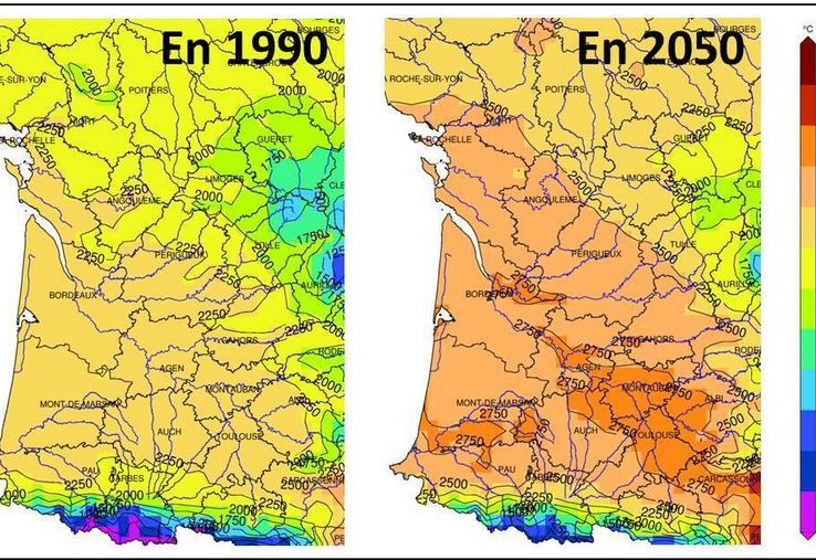 Entre 1990 et 2050 en Nouvelle-Aquitaine, les cultures d'été disposeront
d'environ 400°CJ base 6 de plus pour accomplir leur cycle cultural.
Somme de température base 6 d'avril à octobre. Source : DRIAS. Réalisation : F. Levrault.