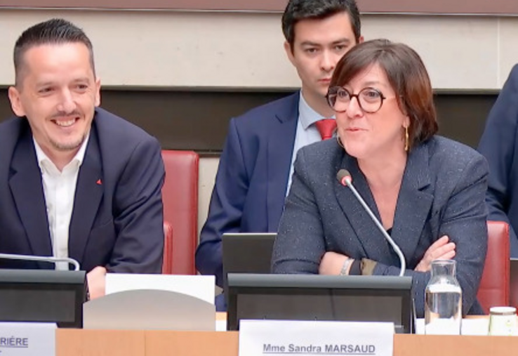 A droite, la députée Sandra Marsaud (Ensemble pour la République) aux côtés du député La France Insoumise Sylvain Carrière, de l'Hérault, lors de la remise de leur rapport sur la mission d'information sur les stratégies de marché de la filière vitivinicole.
