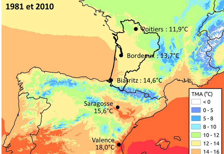 En Nouvelle-Aquitaine, la température se distribue géographiquement suivant un gradient NE/SO.