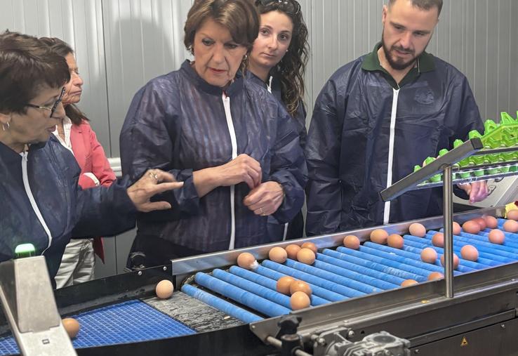 Annie Genevard, ici aux côtés de Jérôme Bourdeau et sa compagne, mais aussi de Christiane Lambert, a visité l'exploitation : depuis le poulailler jusqu'à la chaîne de tri des œufs.
