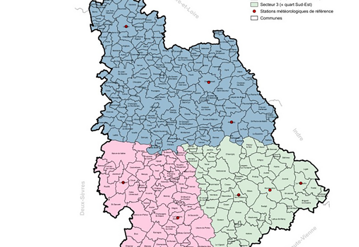Les dérogations à l'obligation de couverture des sols concerne les secteurs 1 et 3.
En bleu: secteur 1 En rose: secteur 2 En vert: secteur 3
Points rouges: stations météo de référence