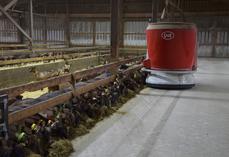 Le robot Lely fait plusieurs passages par jour auprès des chèvres pour leur délivrer une ration adaptée.
