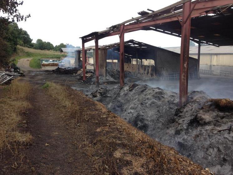Le feu a pris dans le bâtiment d’élevage avant de se propager
au stock de fourrage situé à côté.