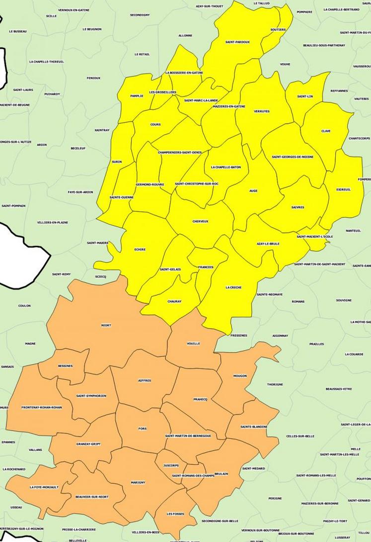 À ce jour, deux zones de surveillance subsistent. Une première concerne 19 communes autour de Fors (en orange) et une seconde, au nord, autour de La Chapelle-Bâton (en jaune).