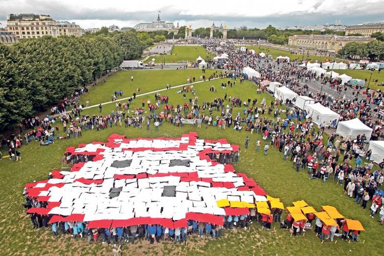 Une tête de bovin reconstituée sur l’esplanade des Invalides.