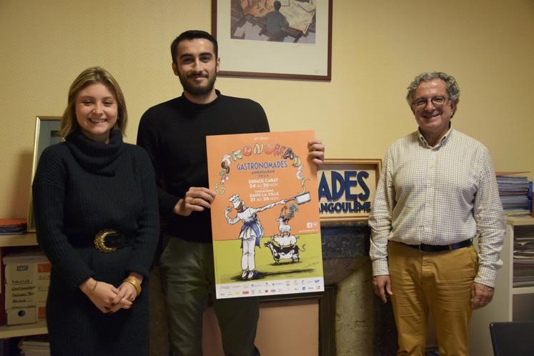 Clémence Laguionie, Dimitri Bermudes et Patrick Mardikian présentent l'affiche des Gastronomades signée par l'auteur de BD Martin Veyron.